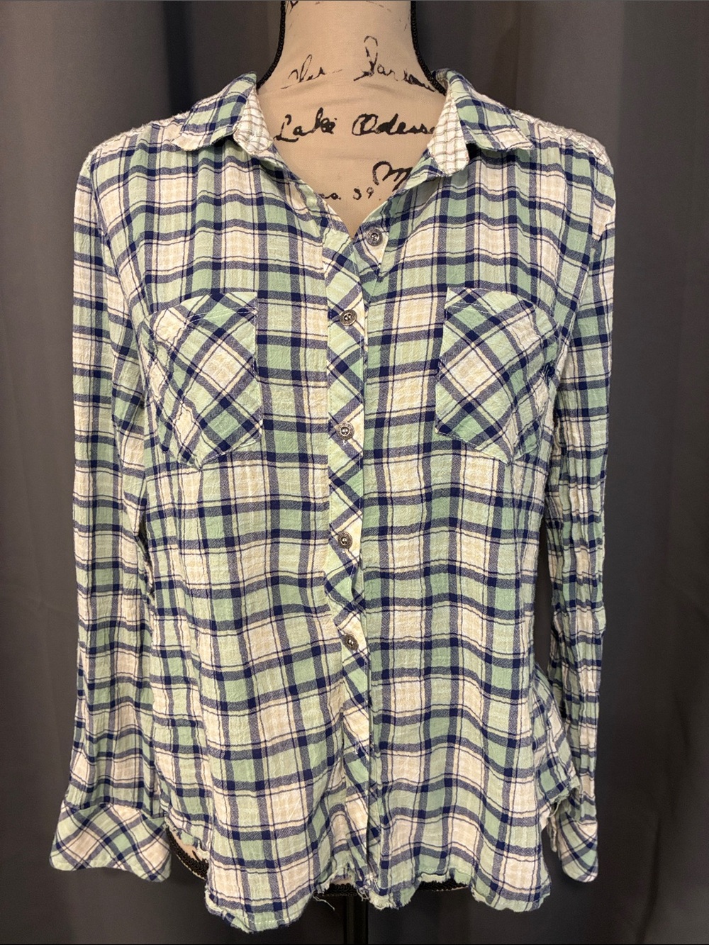 Miss Me Blue and Mint Green Plaid Button-Down Shirt